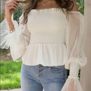 🤍 WHITE SHEER BUBBLE SLEEVE TOP